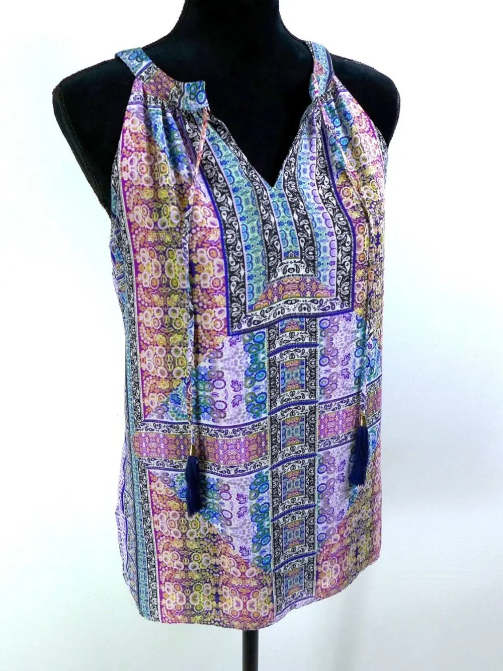 Rose & Olive Patchwork Medallion Rainbow TANK - Yoke tassel SMALL - Picture 1 of 4